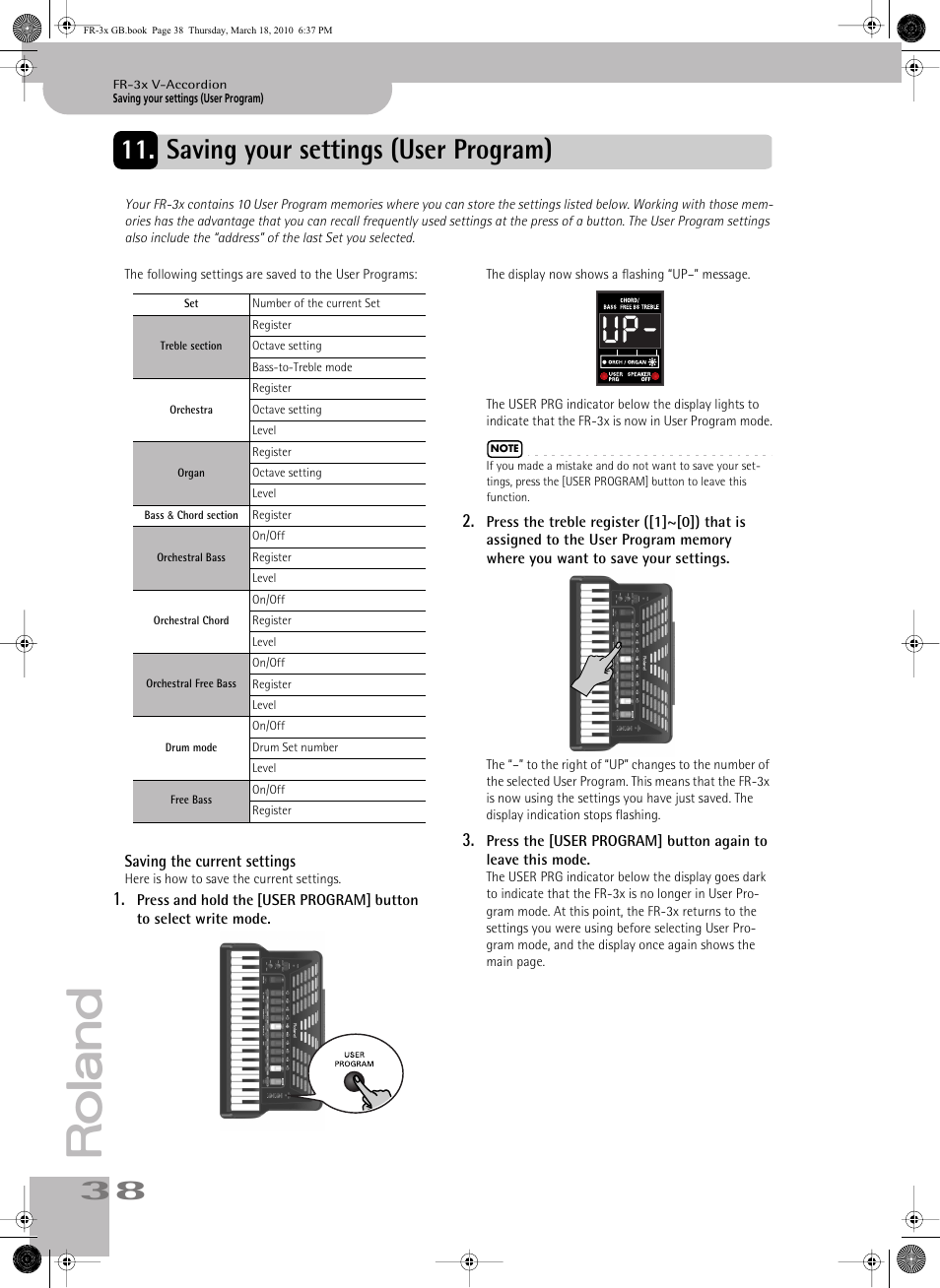 Saving your settings (user program), Saving the current settings | Roland FR-3x User Manual | Page 38 / 80