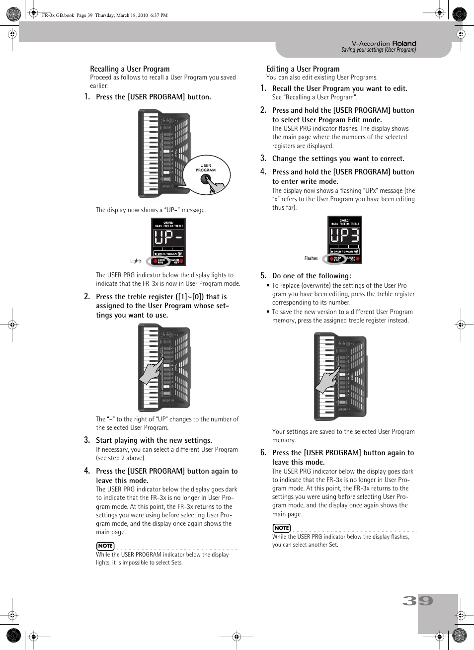 Recalling a user program editing a user program | Roland FR-3x User Manual | Page 39 / 80