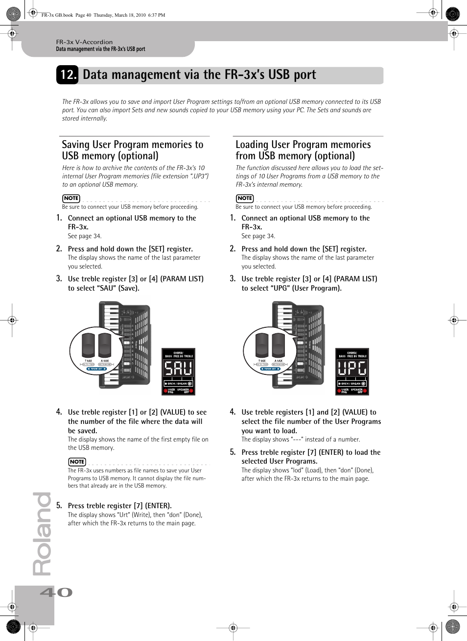 Data management via the fr3x’s usb port, Data management via the fr-3x’s usb port, Sav upg | Roland FR-3x User Manual | Page 40 / 80