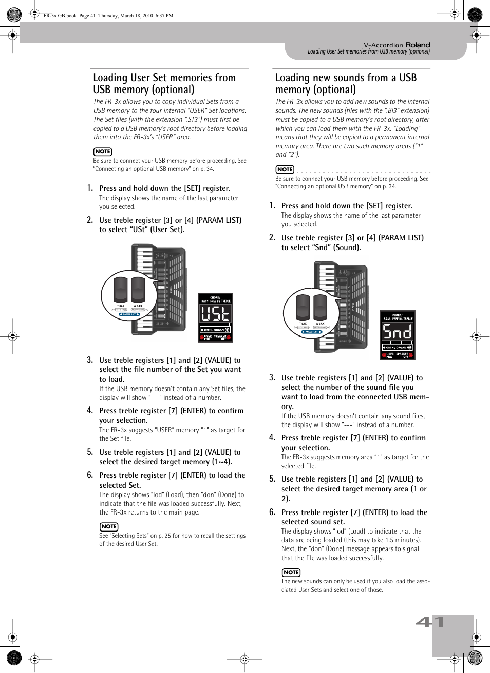 Loading new sounds from a usb memory (optional), Ust snd | Roland FR-3x User Manual | Page 41 / 80