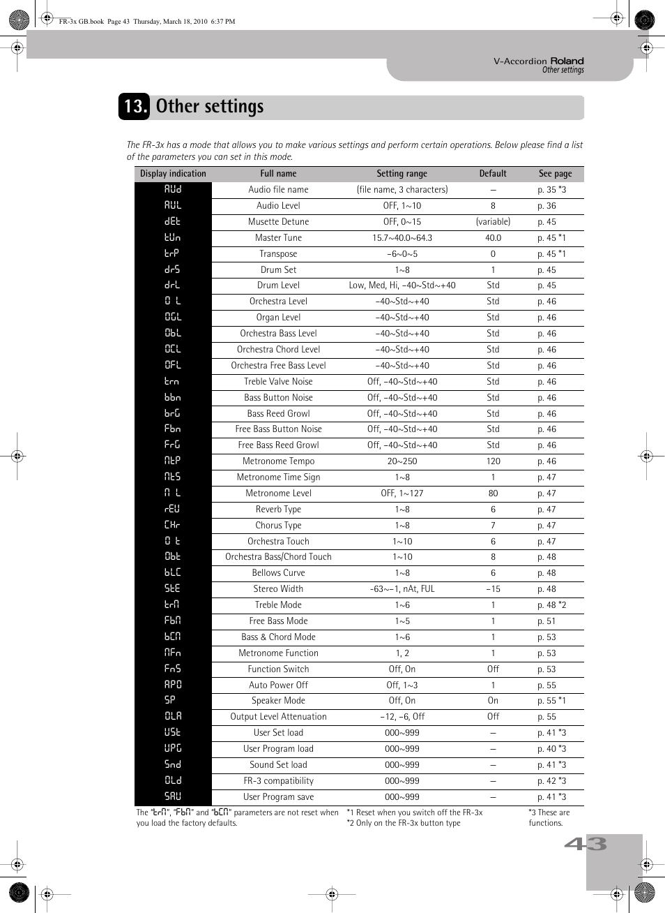 Other settings, Ers (speaker mode), 43 13. other settings | Roland FR-3x User Manual | Page 43 / 80
