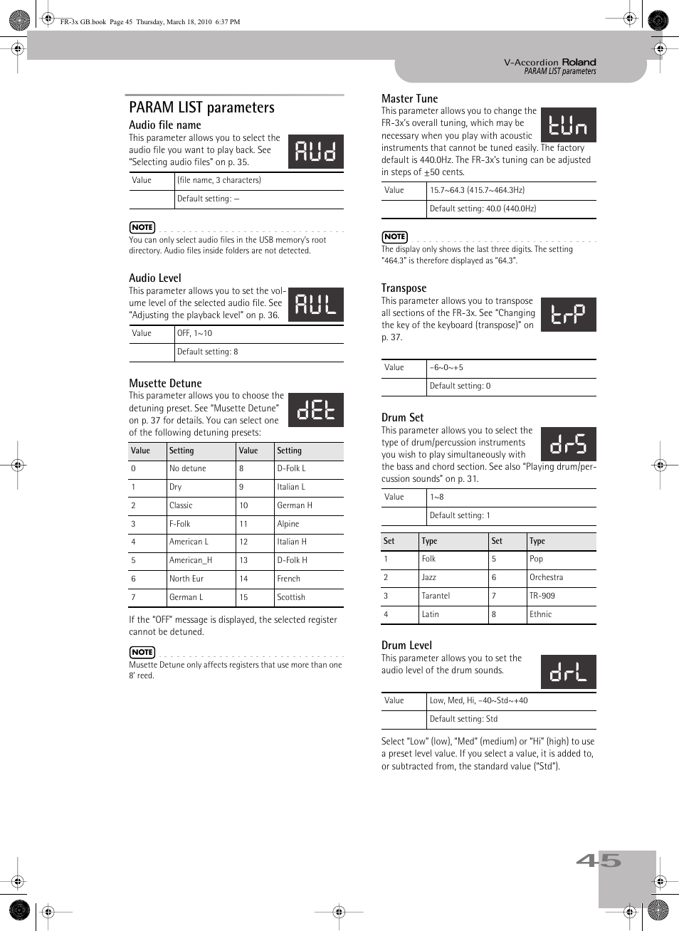 Param list parameters, P. 45, P. 45 *1 | Aud aul det, Tun trp drs drl | Roland FR-3x User Manual | Page 45 / 80