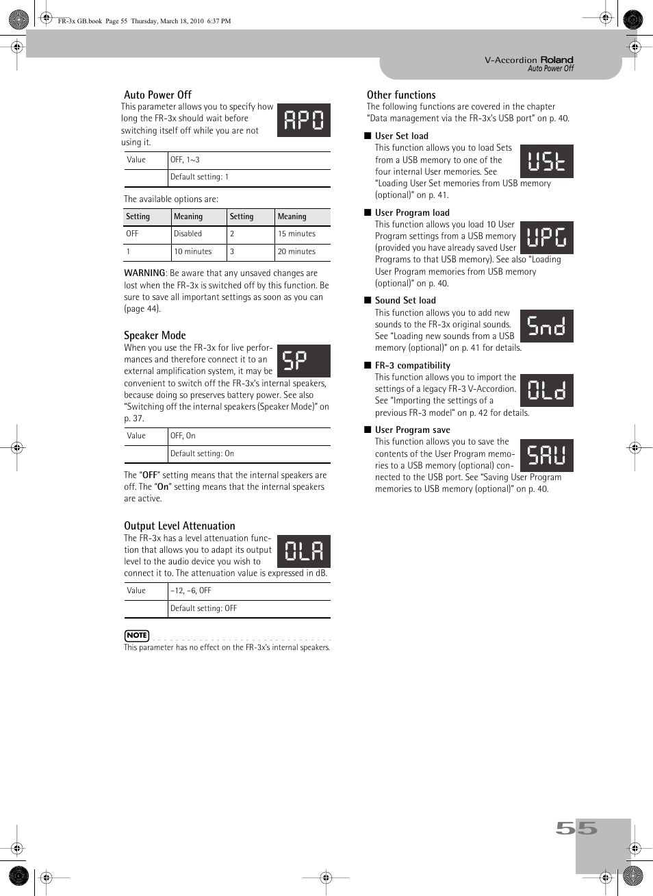 See “speaker mode” on p. 55), or 5 hours while the, P. 55, P. 55 *1 | Apo sp ola ust upg snd old sau | Roland FR-3x User Manual | Page 55 / 80