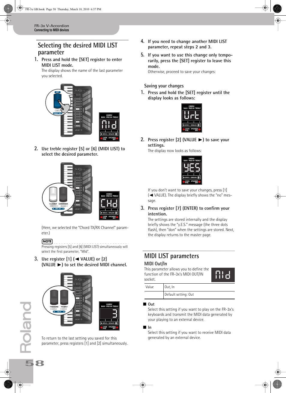 Selecting the desired midi list parameter, Saving your changes, Midi list parameters | P. 58, Mid chd 3, Urt yes mid | Roland FR-3x User Manual | Page 58 / 80