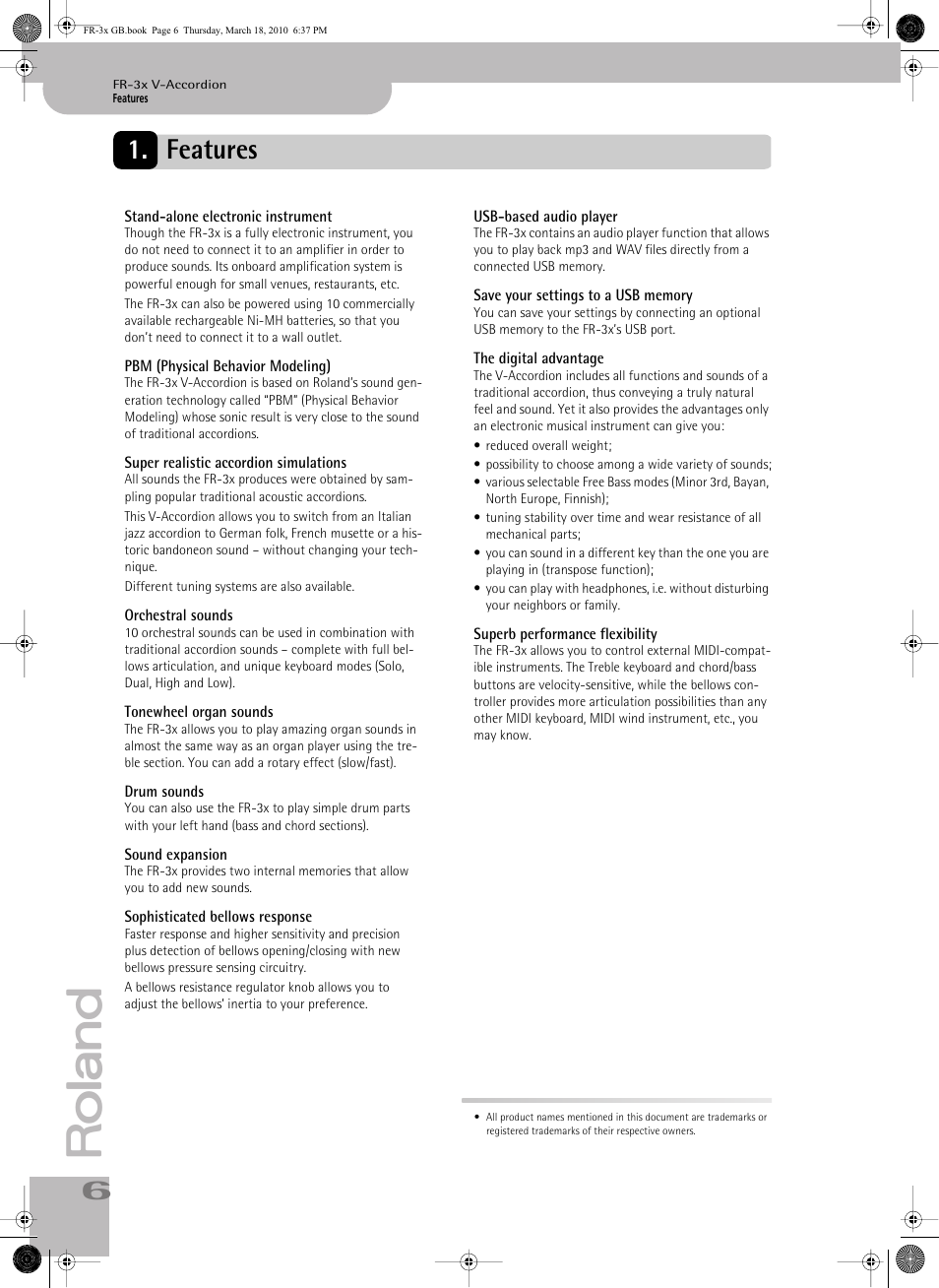 Features, Usb-based audio player | Roland FR-3x User Manual | Page 6 / 80