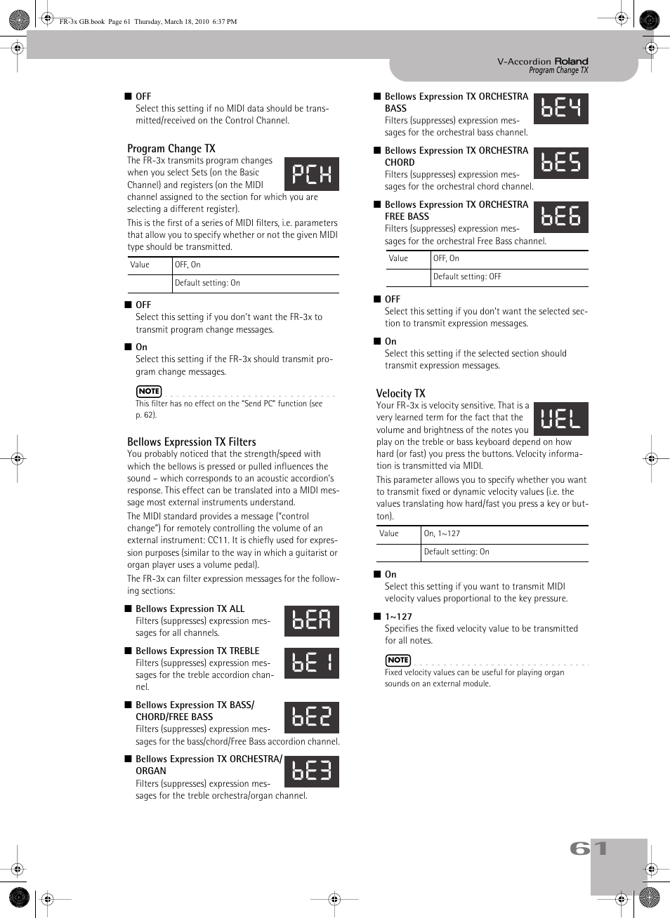 P. 61, Bellows expression tx all, Bellows expression tx treble | Bellows expression tx bass/chord, Free bass, Bellows expression tx orchestra, Organ, Bellows expression tx orchestra bass, Chord, Bellows expression tx orchestra free | Roland FR-3x User Manual | Page 61 / 80