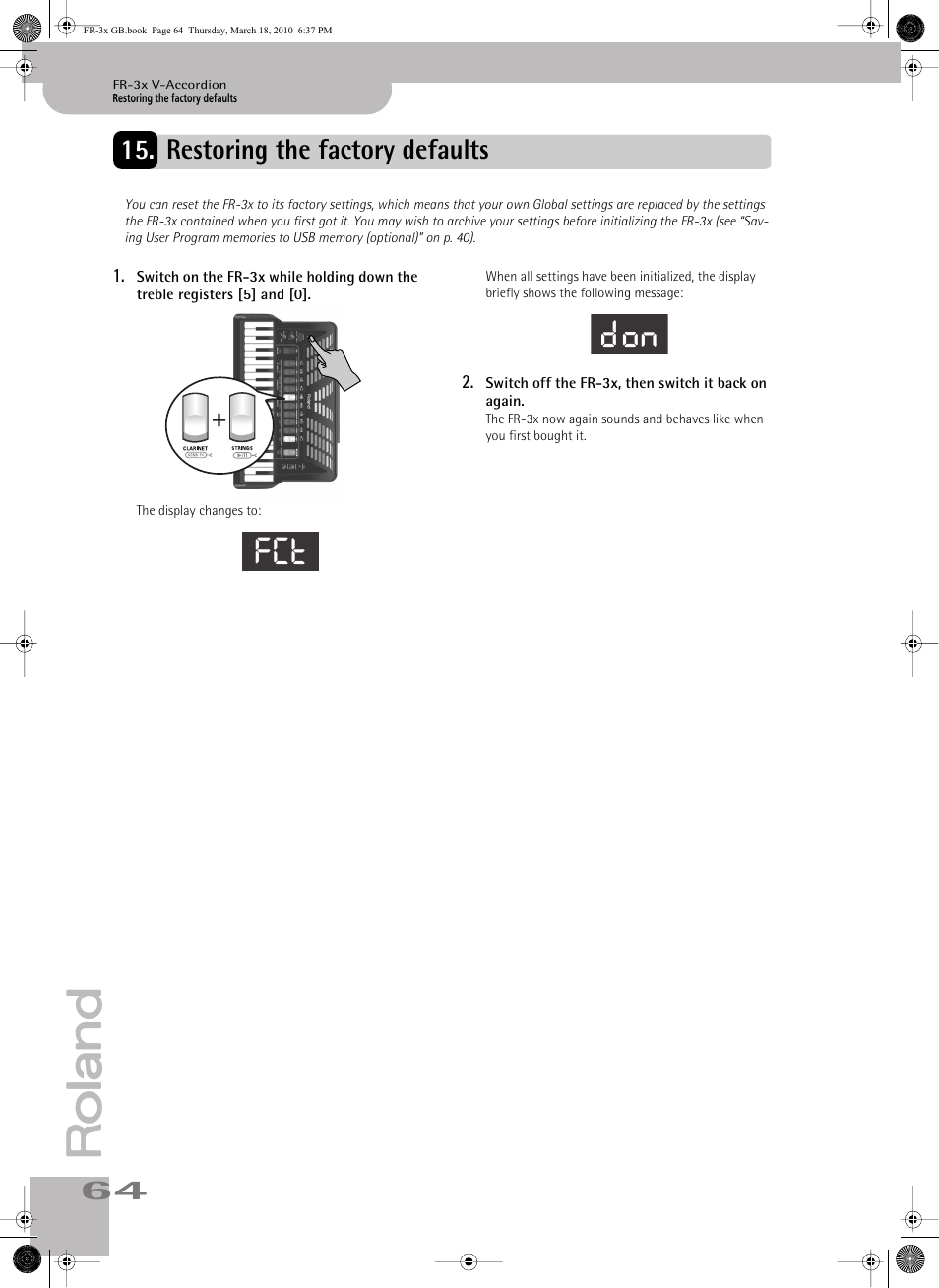 Restoring the factory defaults, Fct don | Roland FR-3x User Manual | Page 64 / 80