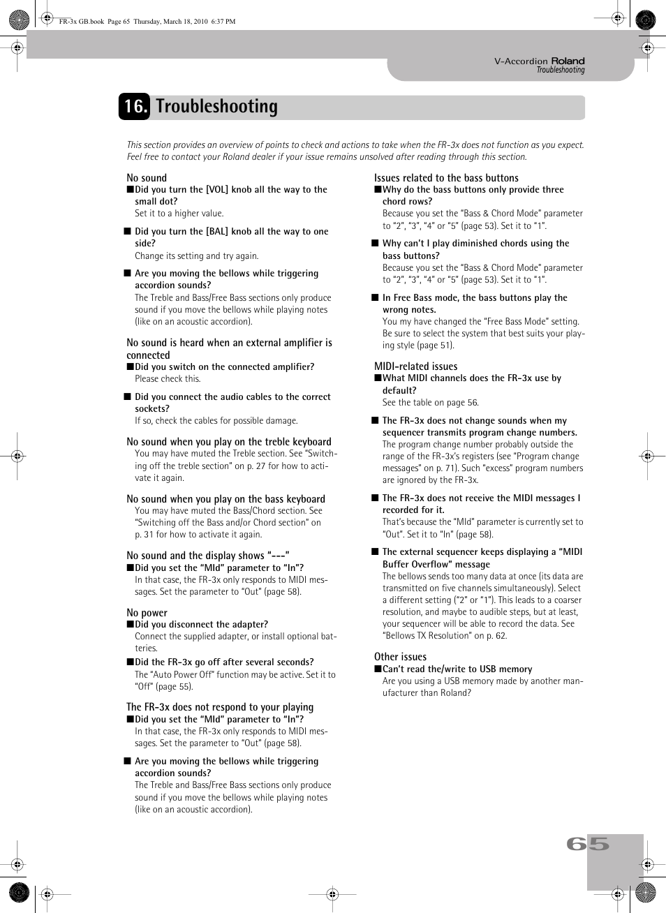 Troubleshooting, 65 16. troubleshooting | Roland FR-3x User Manual | Page 65 / 80