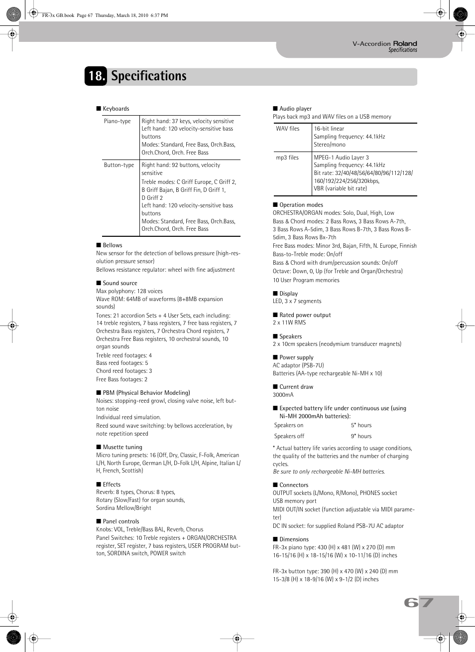 Specifications, 67 18. specifications | Roland FR-3x User Manual | Page 67 / 80