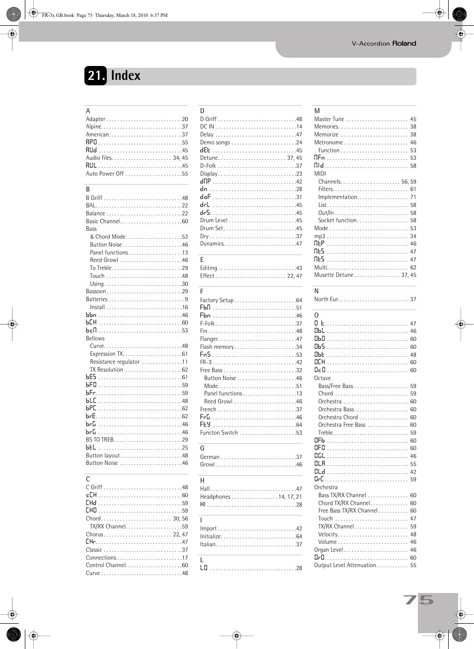 Index, 75 21. index | Roland FR-3x User Manual | Page 75 / 80