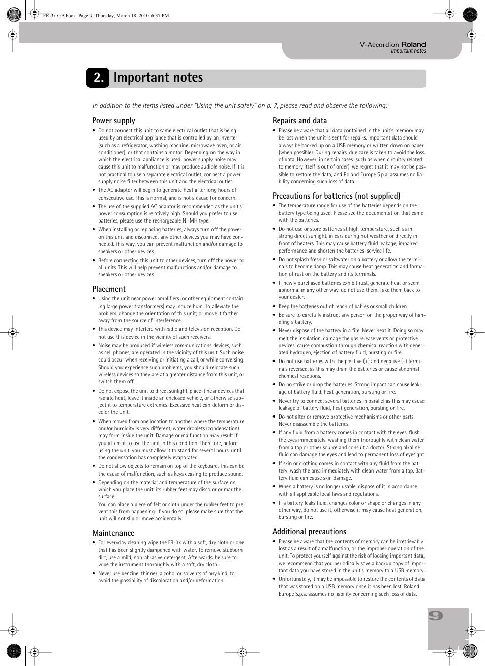 Important notes, Power supply, Placement | Maintenance, Repairs and data, Precautions for batteries (not supplied), Additional precautions | Roland FR-3x User Manual | Page 9 / 80