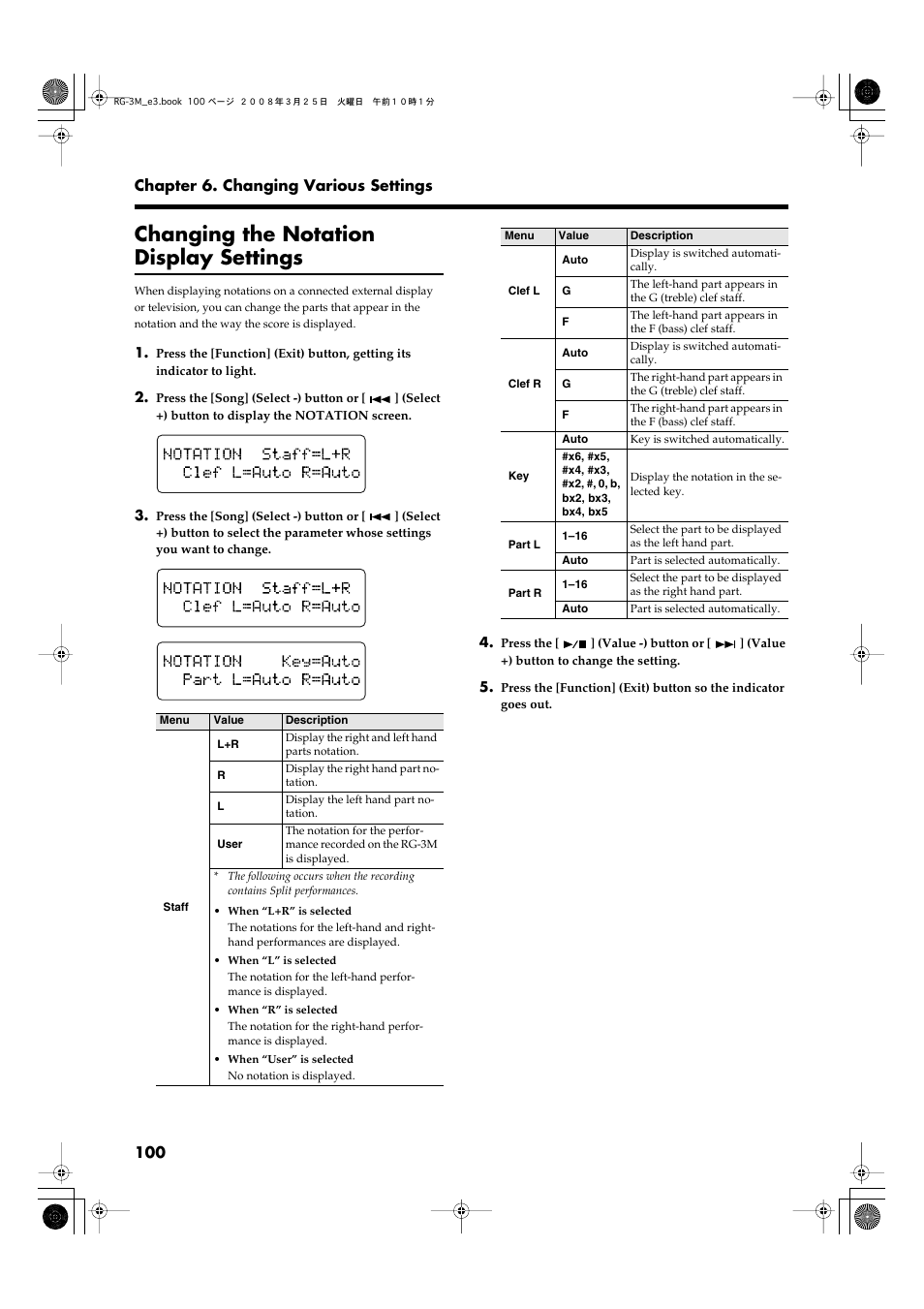 Changing the notation display settings, P. 100 | Roland RG-3M User Manual | Page 102 / 132