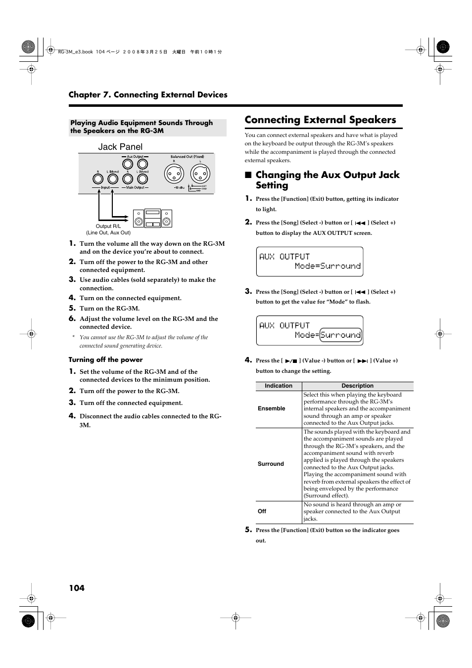 Connecting external speakers, Changing the aux output jack setting, Jack panel | Roland RG-3M User Manual | Page 106 / 132