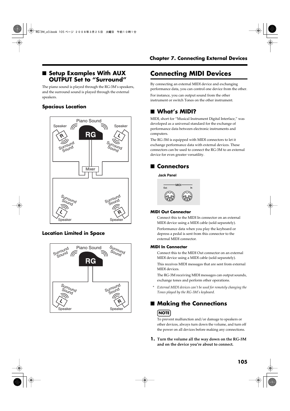 Setup examples with aux output set to “surround, Connecting midi devices, What’s midi | Connectors, Making the connections, What’s midi? connectors making the connections, Performance data (p. 105) | Roland RG-3M User Manual | Page 107 / 132