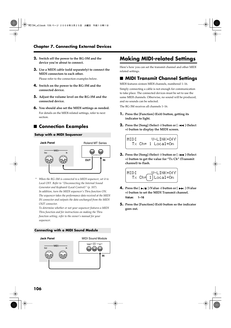 Connection examples, Making midi-related settings, Midi transmit channel settings | Roland RG-3M User Manual | Page 108 / 132