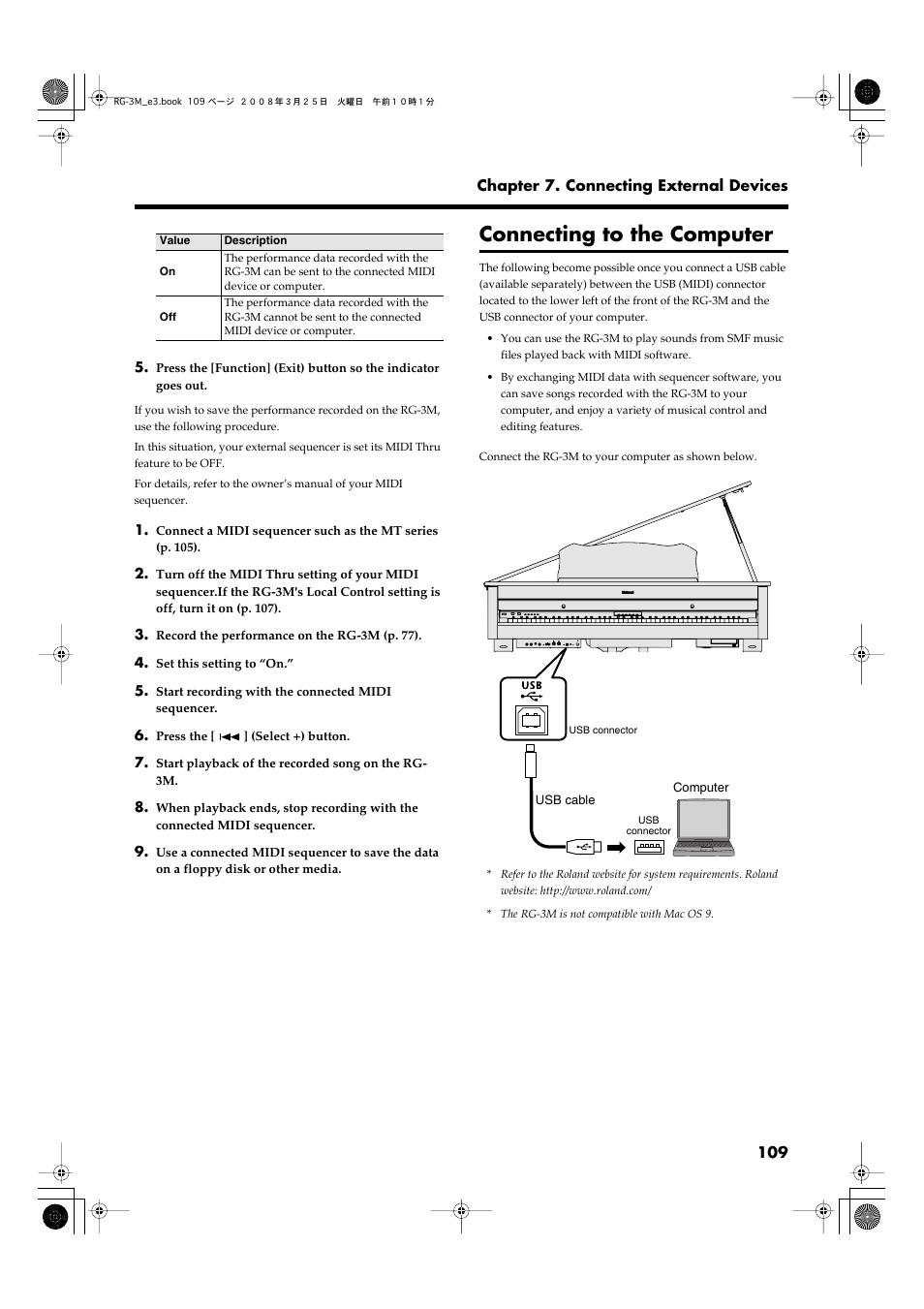 Connecting to the computer, Computer (p. 109) | Roland RG-3M User Manual | Page 111 / 132