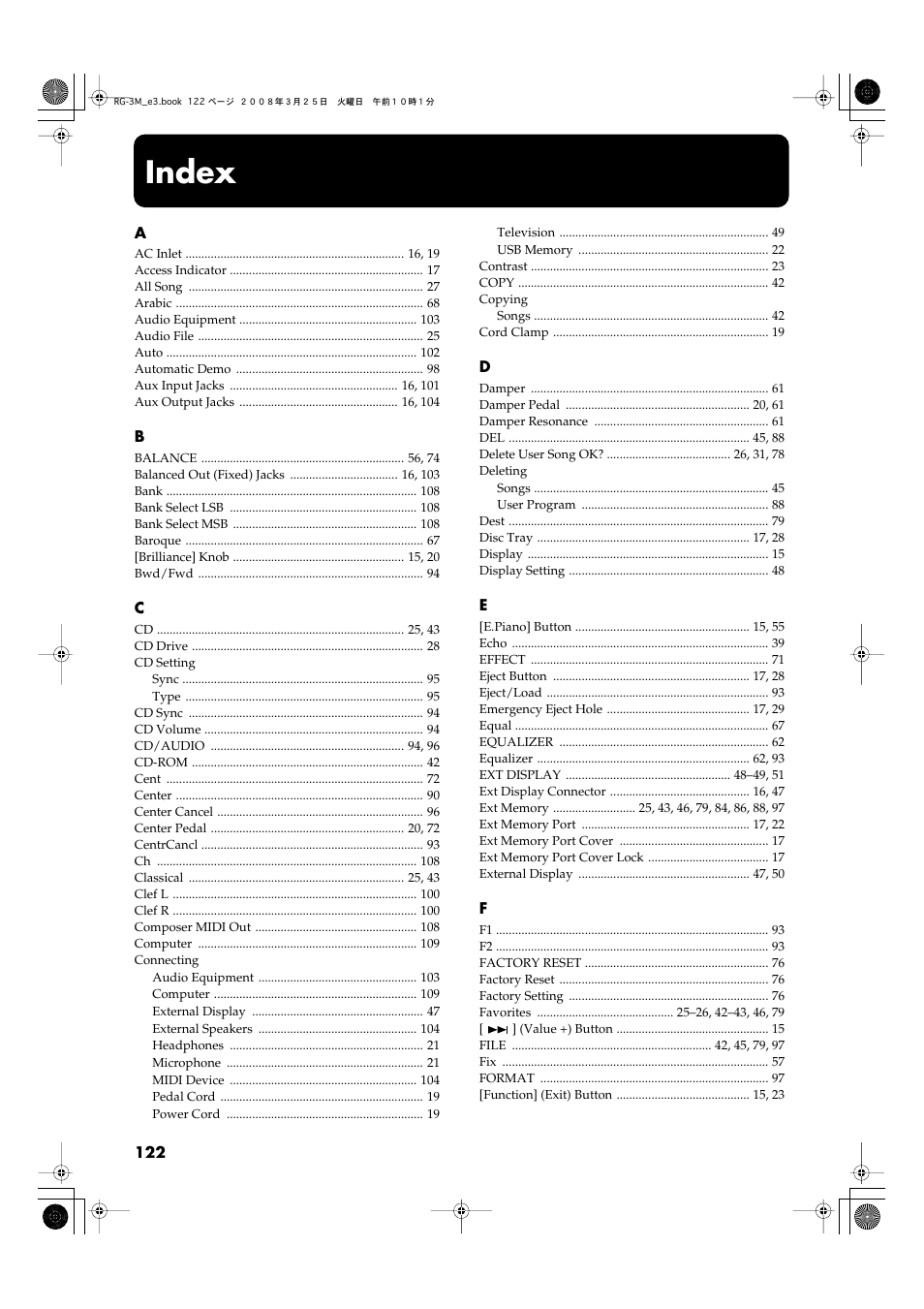 Index | Roland RG-3M User Manual | Page 124 / 132