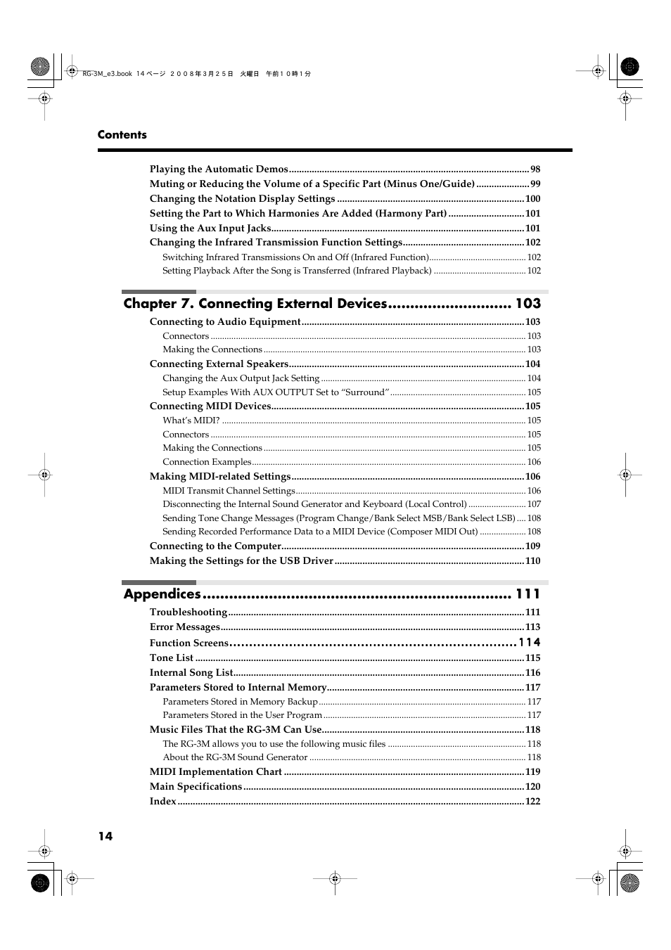 Chapter 7. connecting external devices, Appendices | Roland RG-3M User Manual | Page 16 / 132