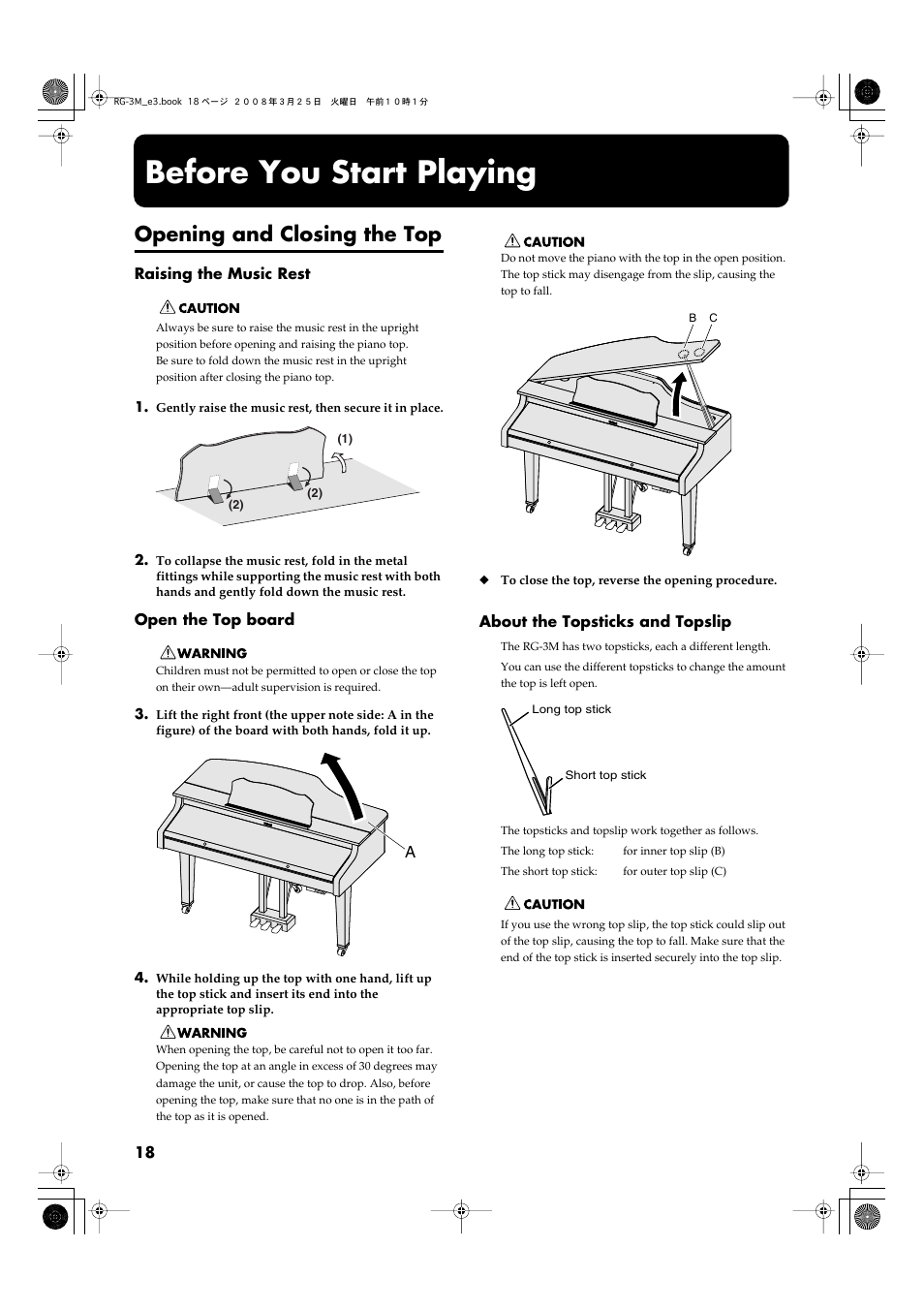 Before you start playing, Opening and closing the top, Top board (p. 18) | Music rest (p. 18), Topsticks (p. 18) | Roland RG-3M User Manual | Page 20 / 132