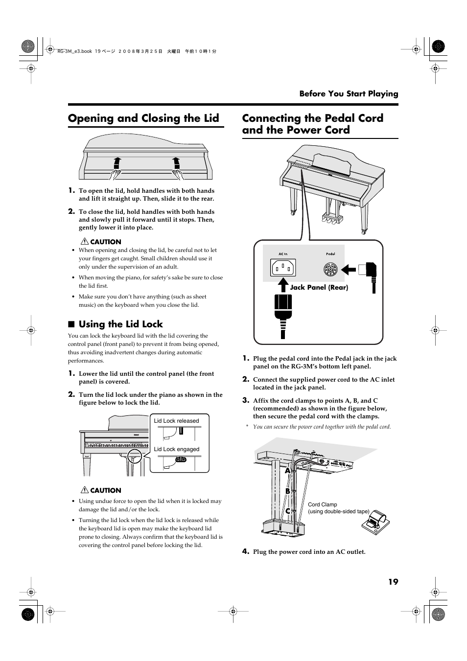 Opening and closing the lid, Using the lid lock, Connecting the pedal cord and the power cord | Lid (p. 19), Lid lock (p. 19), Connect the pedal cord here (p. 19) | Roland RG-3M User Manual | Page 21 / 132