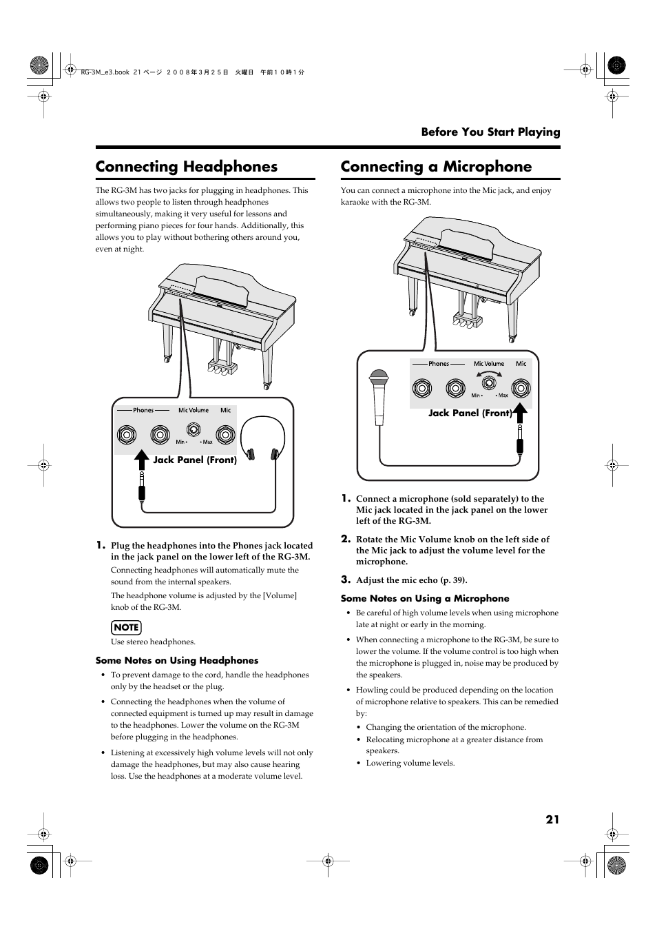 Connecting headphones, Connecting a microphone, Connecting headphones connecting a microphone | Headphones can be connected here (p. 21), Used for connecting a microphone (p. 21) | Roland RG-3M User Manual | Page 23 / 132