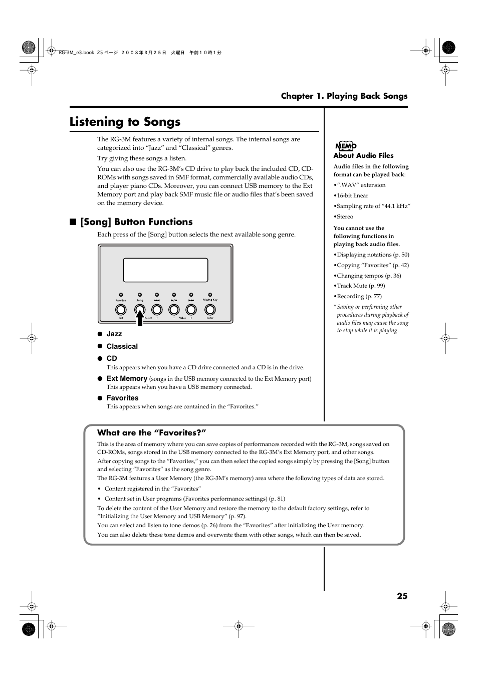 Listening to songs, Song] button functions, The song select screen is displayed (p. 25) | Roland RG-3M User Manual | Page 27 / 132