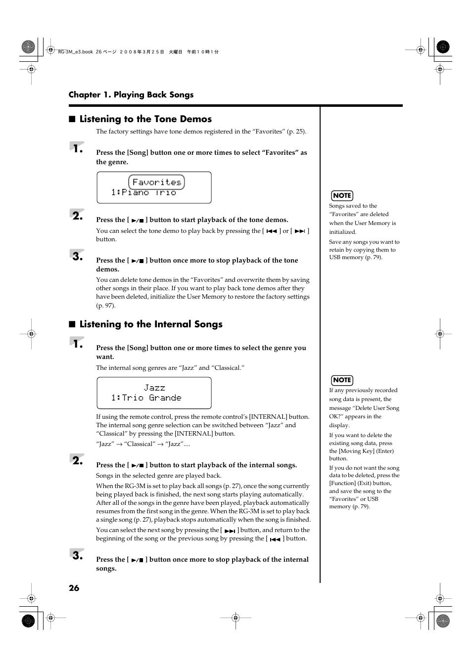 Listening to the tone demos, Listening to the internal songs | Roland RG-3M User Manual | Page 28 / 132