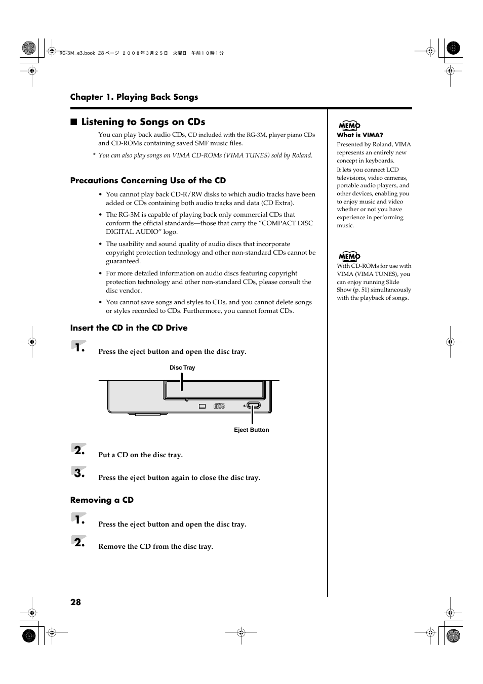 Listening to songs on cds, Disk tray (p. 28), Place the cd to be loaded on this tray (p. 28) | Press this button to eject the cd (p. 28) | Roland RG-3M User Manual | Page 30 / 132
