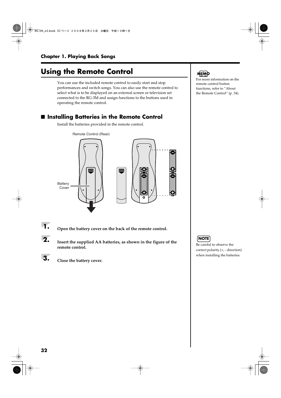 Using the remote control, Installing batteries in the remote control, Precautions (p. 32) | Roland RG-3M User Manual | Page 34 / 132