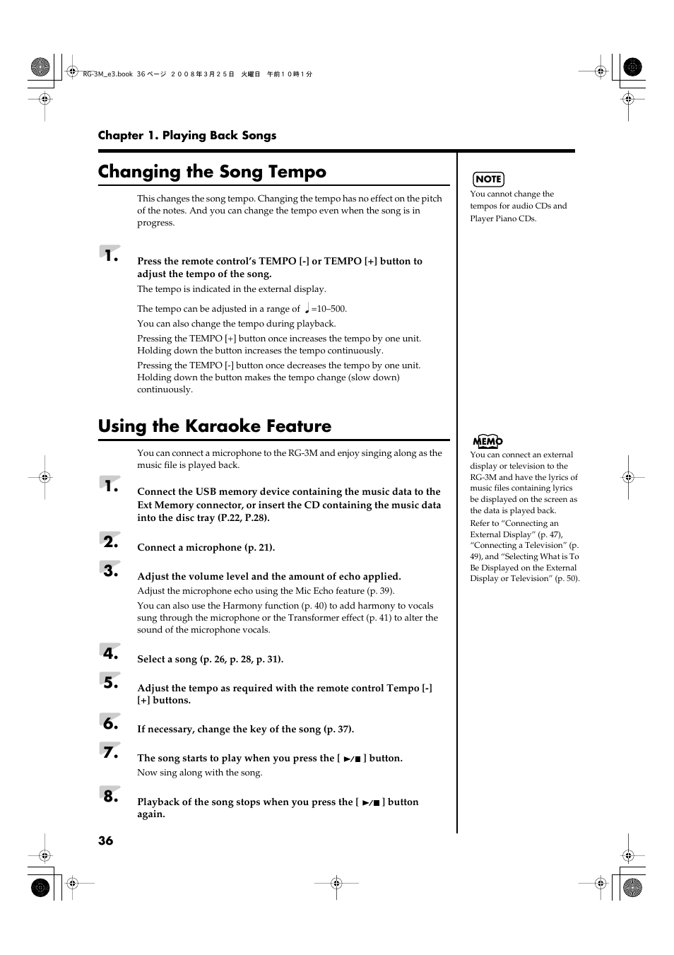 Changing the song tempo, Using the karaoke feature, Changing tempos (p. 36) | Roland RG-3M User Manual | Page 38 / 132