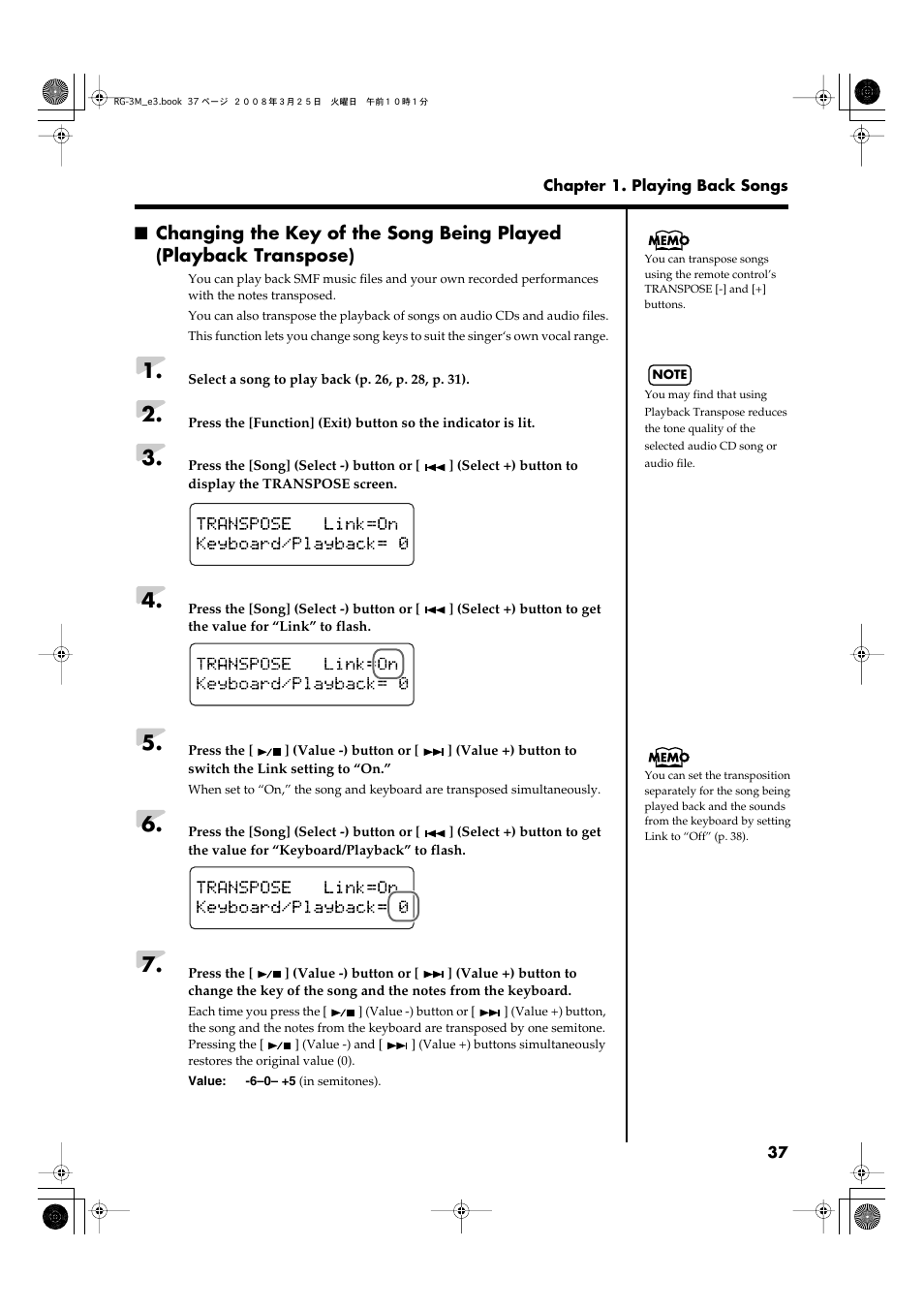 If necessary, change the key of the song (p. 37) | Roland RG-3M User Manual | Page 39 / 132