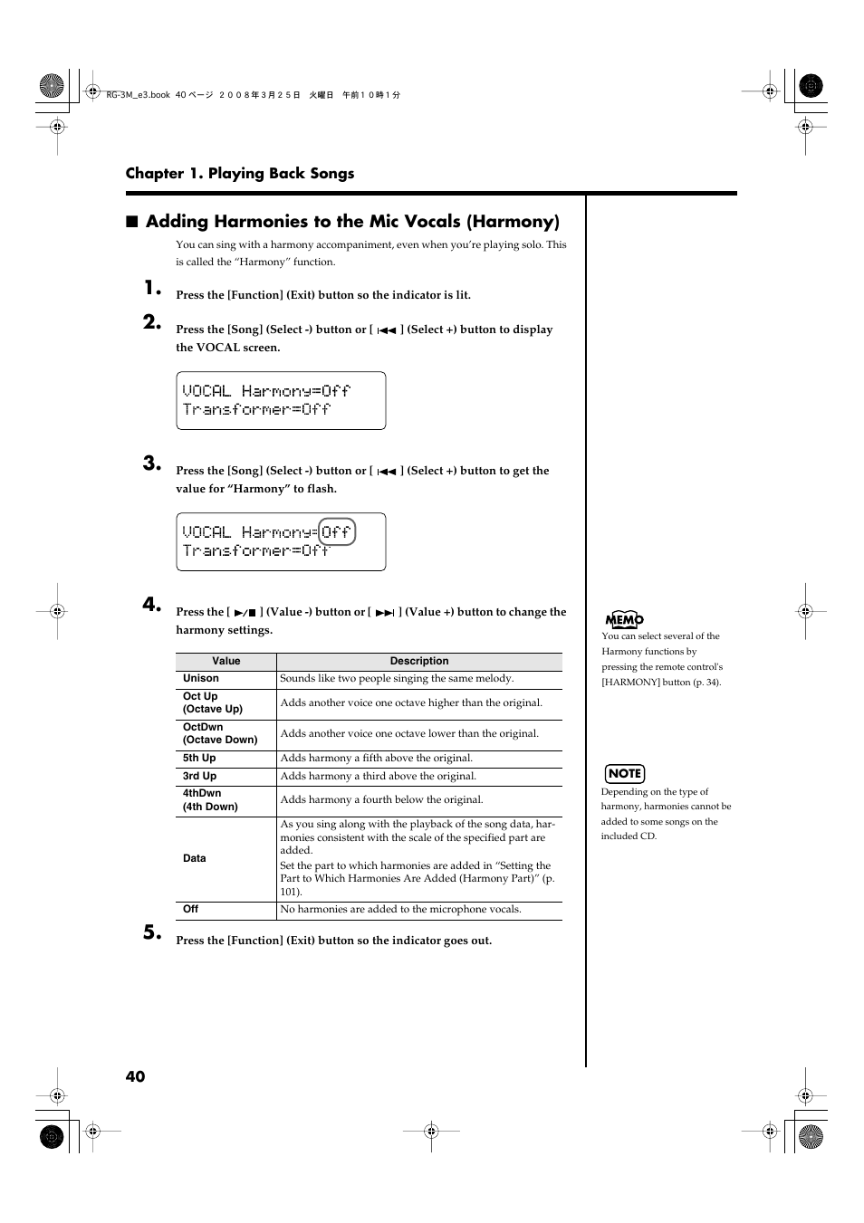 Adding harmonies to the mic vocals (harmony) | Roland RG-3M User Manual | Page 42 / 132
