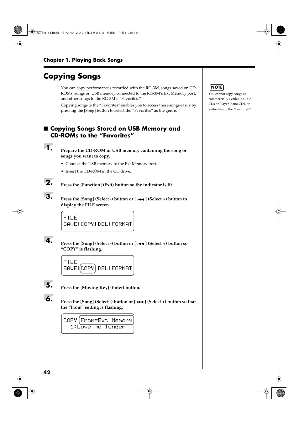 Copying songs, Copying “favorites” (p. 42) | Roland RG-3M User Manual | Page 44 / 132