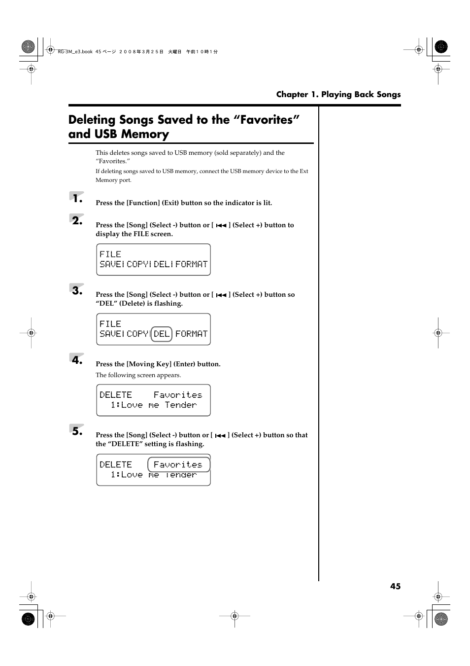 Deleting songs saved to the “favorites | Roland RG-3M User Manual | Page 47 / 132