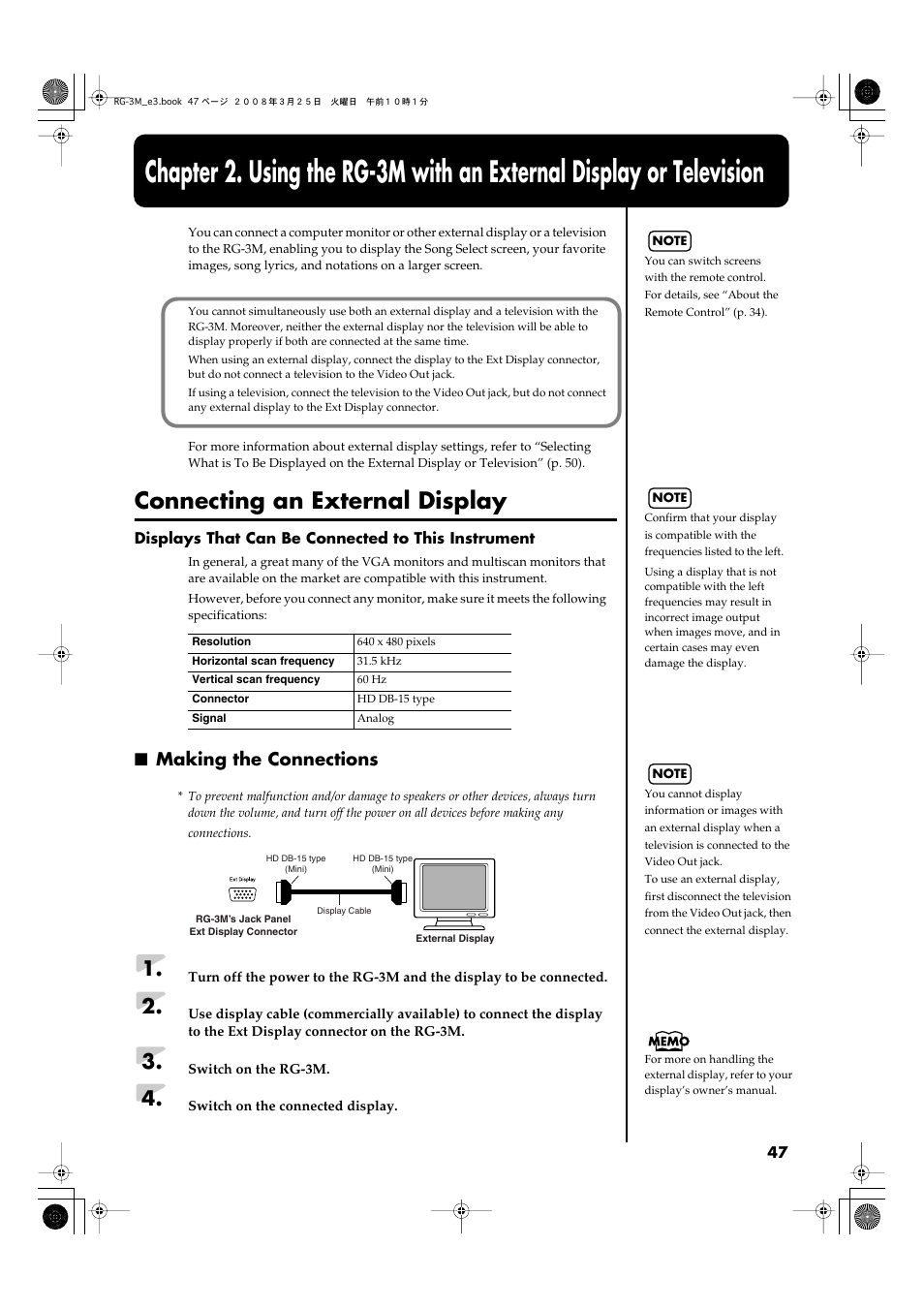 Connecting an external display, Making the connections, The external display (p. 47) | Refer to “connecting an external display” (p. 47) | Roland RG-3M User Manual | Page 49 / 132