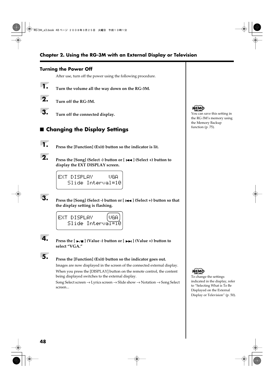 Changing the display settings | Roland RG-3M User Manual | Page 50 / 132