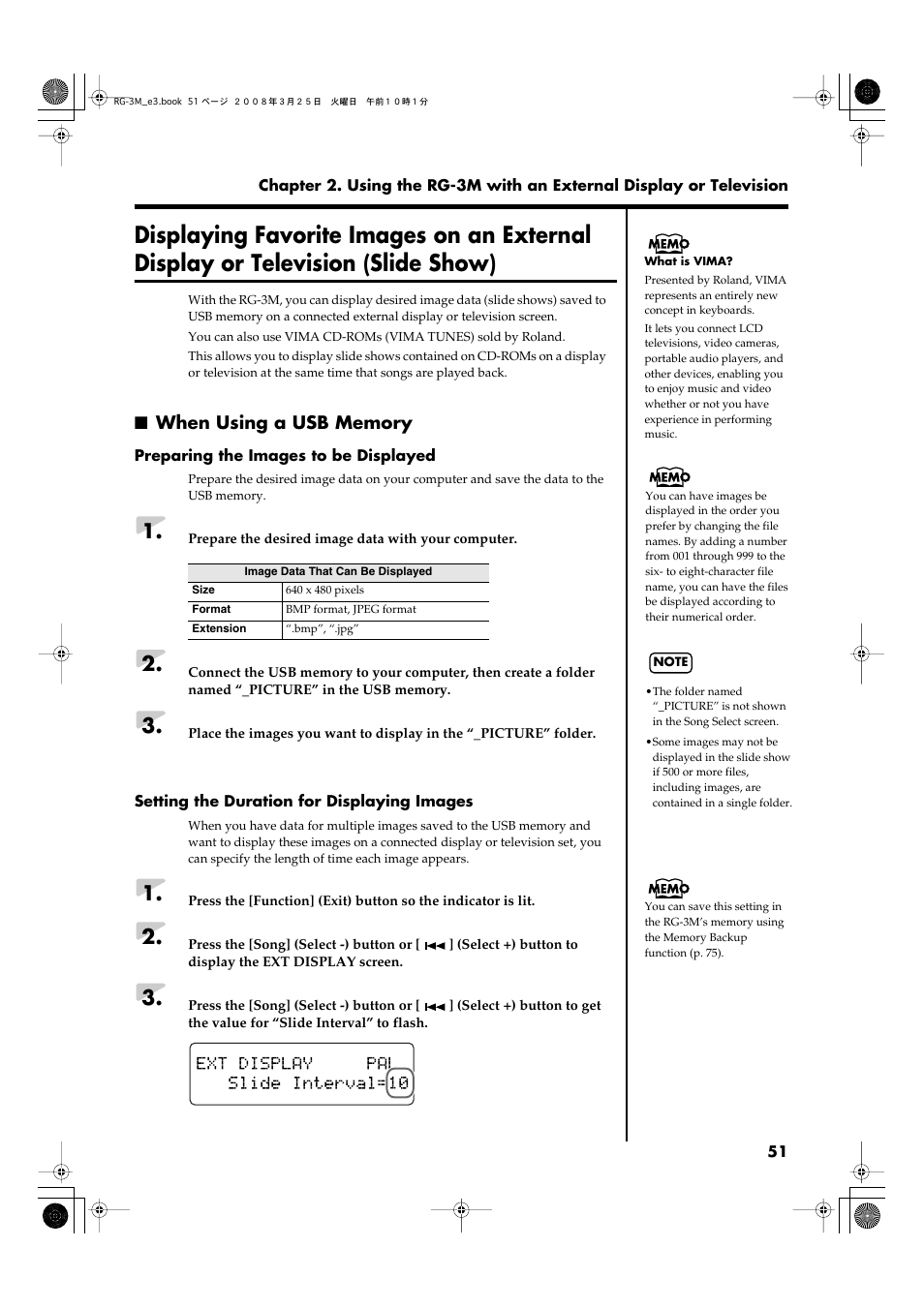 When using a usb memory, Displaying favorite images on an external, Display or television (slide show) | Roland RG-3M User Manual | Page 53 / 132