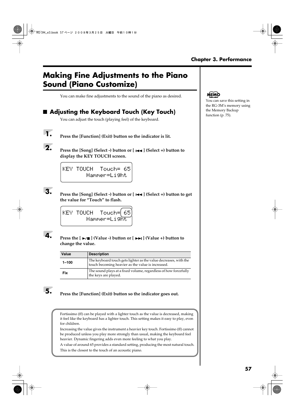 Adjusting the keyboard touch (key touch) | Roland RG-3M User Manual | Page 59 / 132