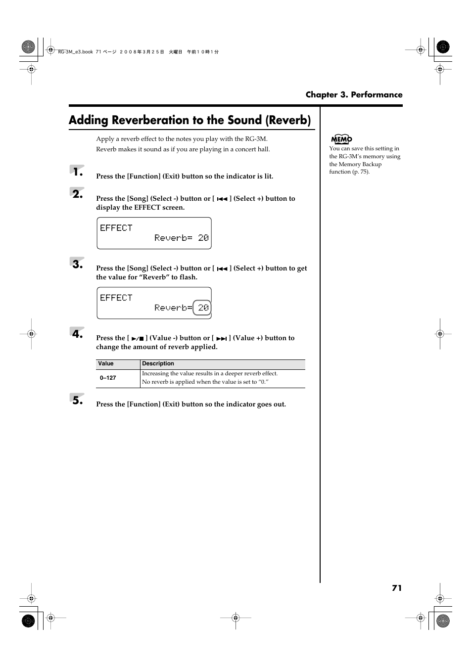 Adding reverberation to the sound (reverb) | Roland RG-3M User Manual | Page 73 / 132