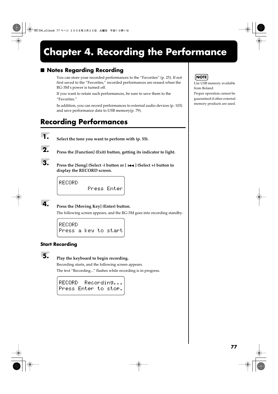 Chapter 4. recording the performance, Notes regarding recording, Recording performances | Recording (p. 77) | Roland RG-3M User Manual | Page 79 / 132