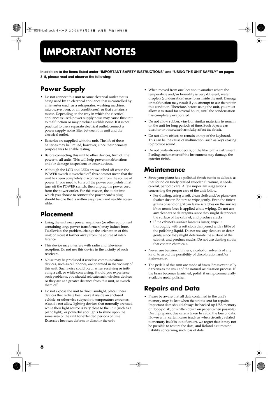Important notes, Power supply, Placement | Maintenance, Repairs and data | Roland RG-3M User Manual | Page 8 / 132
