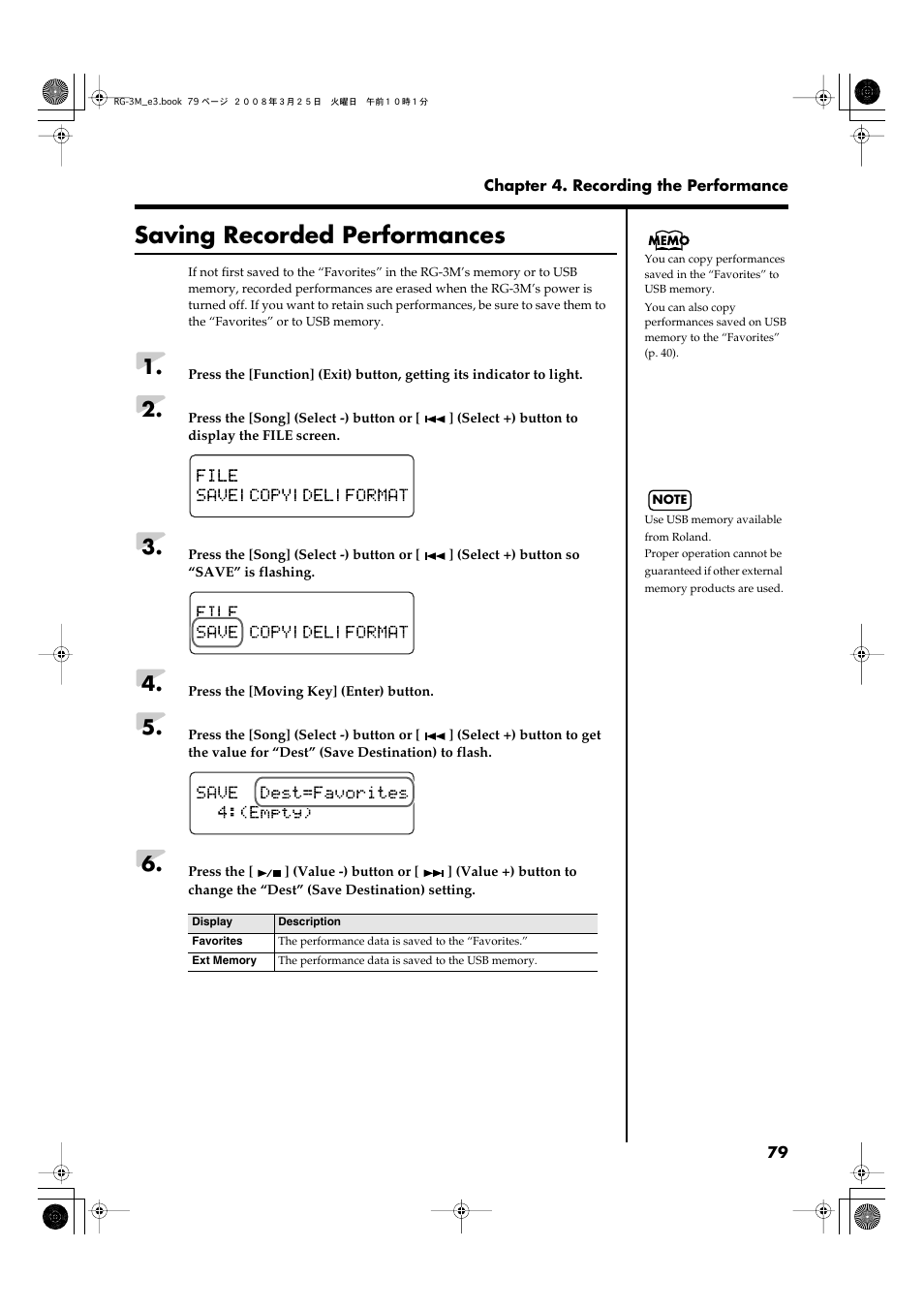 Saving recorded performances, Usb memory (p. 79), Memory (p. 79) | And save performance data to usb memory(p. 79) | Roland RG-3M User Manual | Page 81 / 132