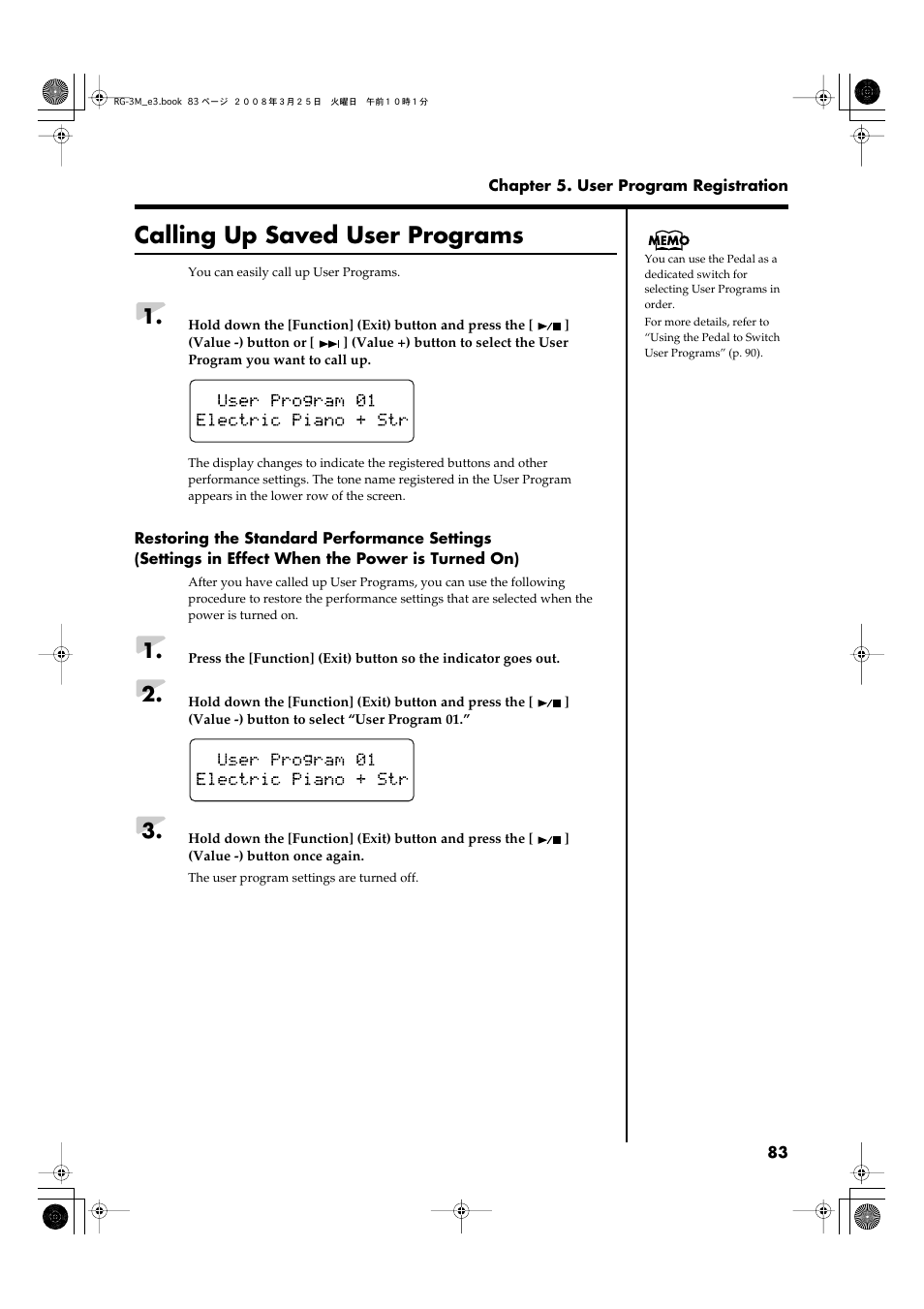 Calling up saved user programs | Roland RG-3M User Manual | Page 85 / 132