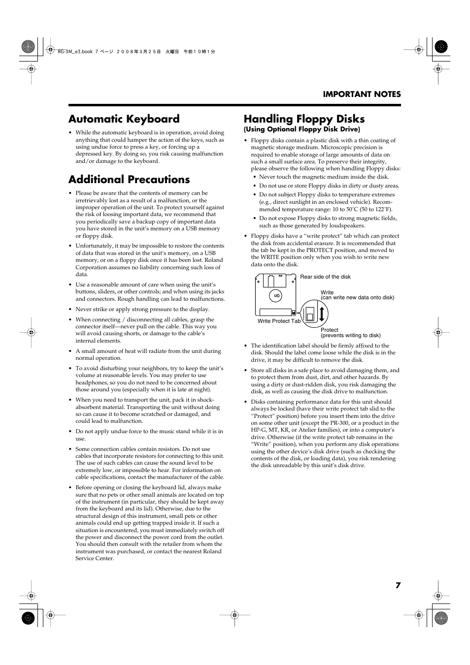 Automatic keyboard, Additional precautions, Handling floppy disks | Roland RG-3M User Manual | Page 9 / 132