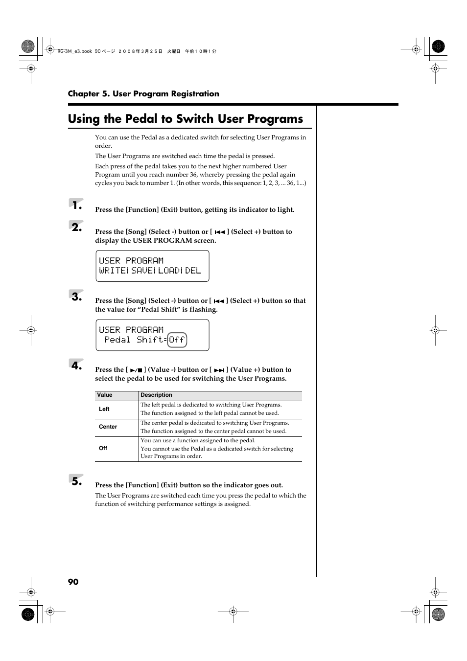 Using the pedal to switch user programs | Roland RG-3M User Manual | Page 92 / 132