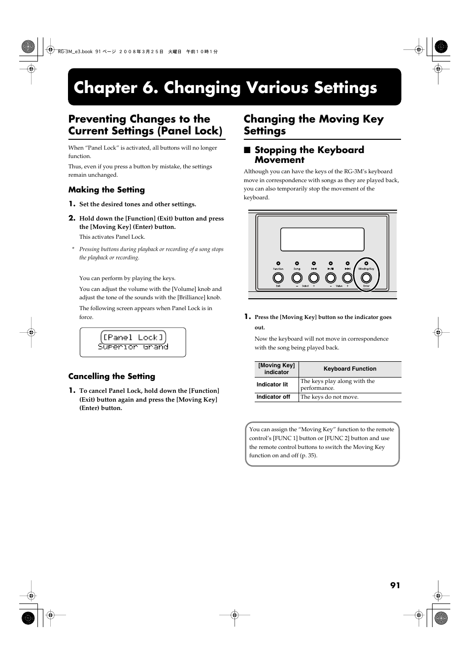 Chapter 6. changing various settings, Changing the moving key settings, Stopping the keyboard movement | Roland RG-3M User Manual | Page 93 / 132