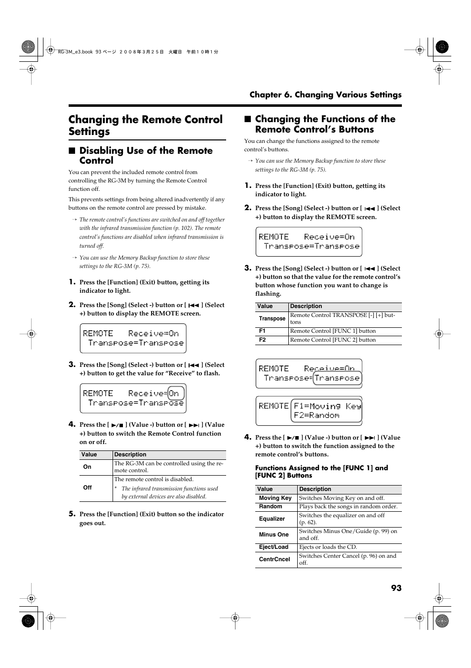 Changing the remote control settings, Disabling use of the remote control | Roland RG-3M User Manual | Page 95 / 132