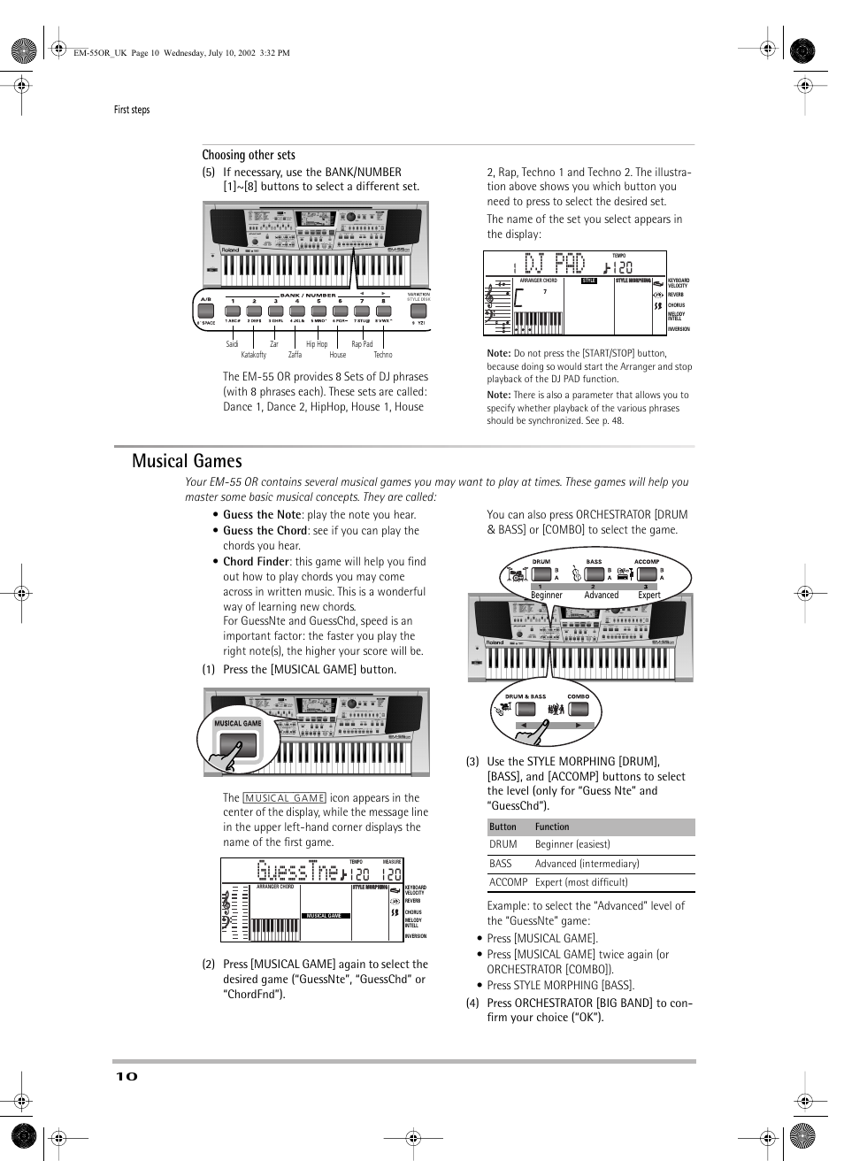 Dj pad, Guesstne, Musical games | Choosing other sets | Roland EM-55 User Manual | Page 10 / 98