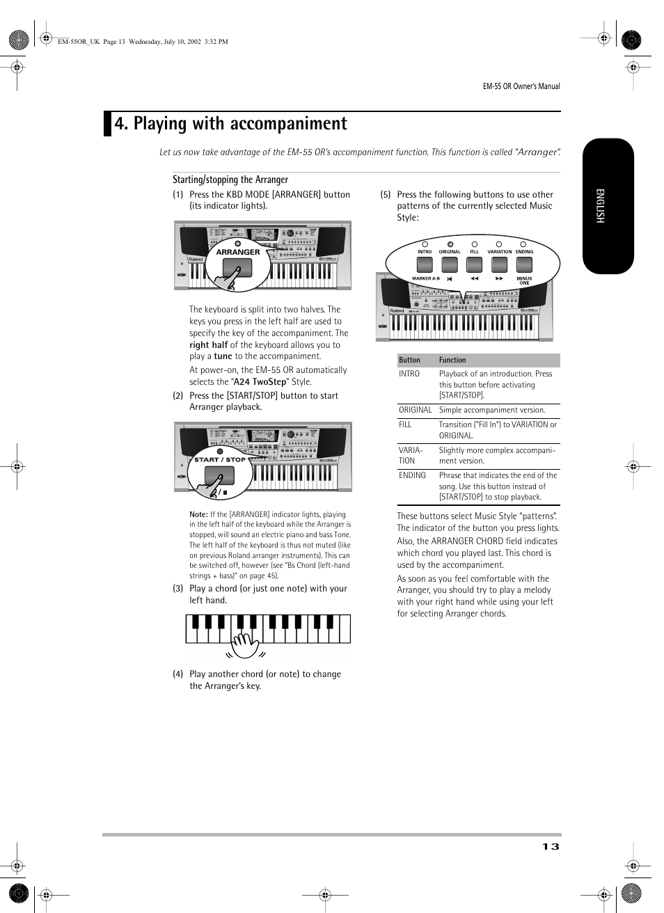 Playing with accompaniment | Roland EM-55 User Manual | Page 13 / 98