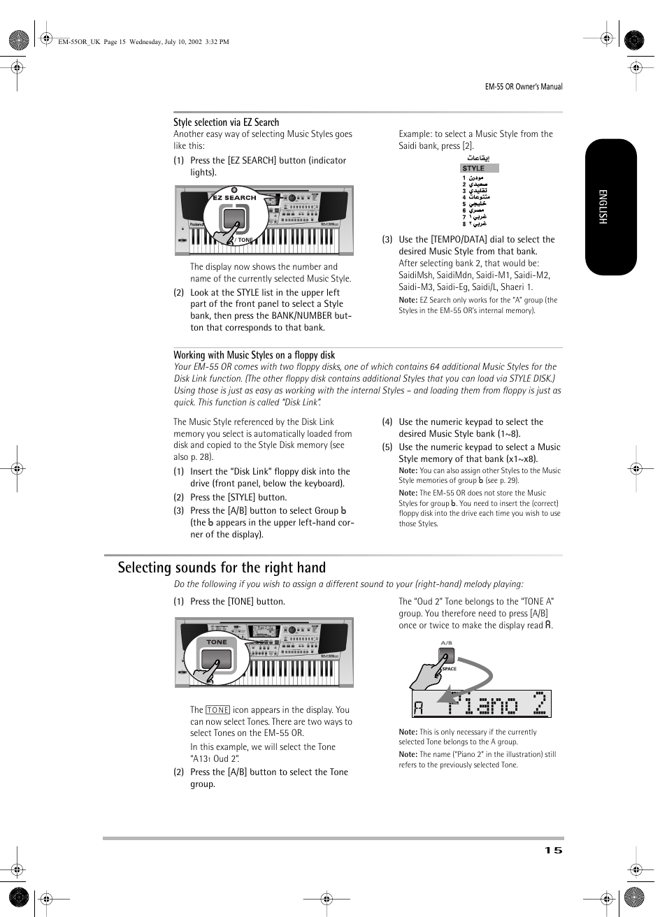 Piano 2, Selecting sounds for the right hand | Roland EM-55 User Manual | Page 15 / 98